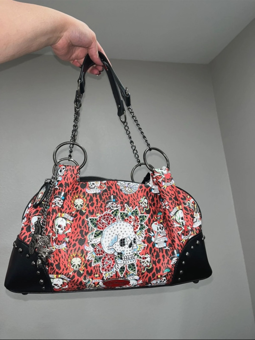 Ed Hardy Skull Rose Pattern Satchel Bag in Red and Black